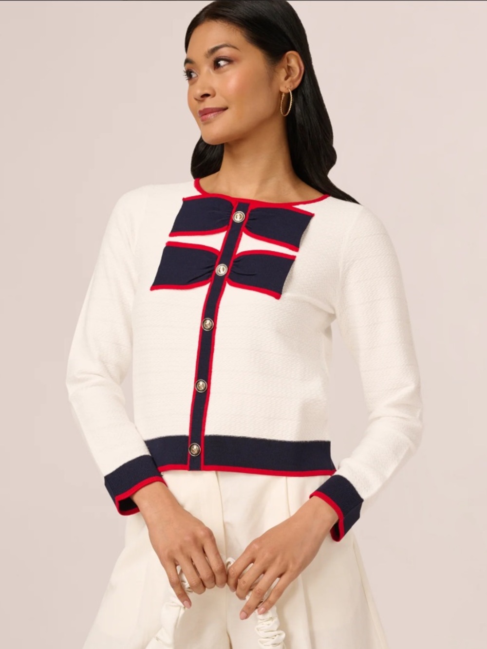 NWOT Adrianna Papell Preppy White Cardigan with Navy and Red Trim Size L